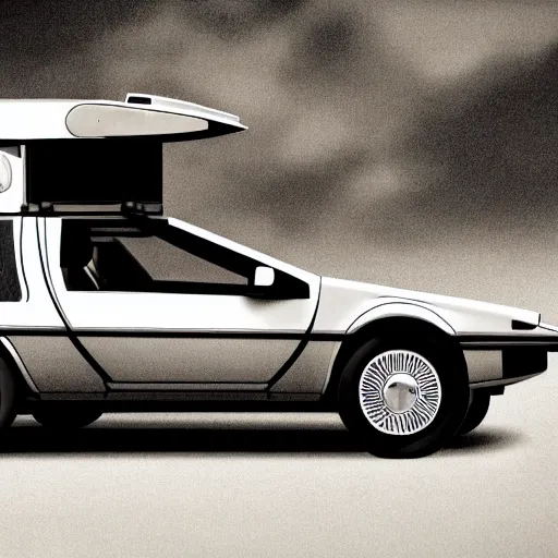 Prompt: a monochromatic sepia photograph of a delorean in a pioneer caravan on the oregon trail, trending on art station,