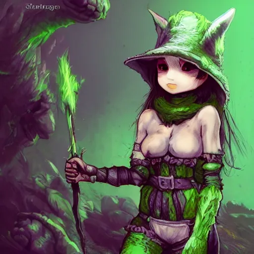 Prompt: cute tiny goblin girl with green skin wearing hunter armor from Bloodborne and a wizard hat, d&d, art by Shadbase