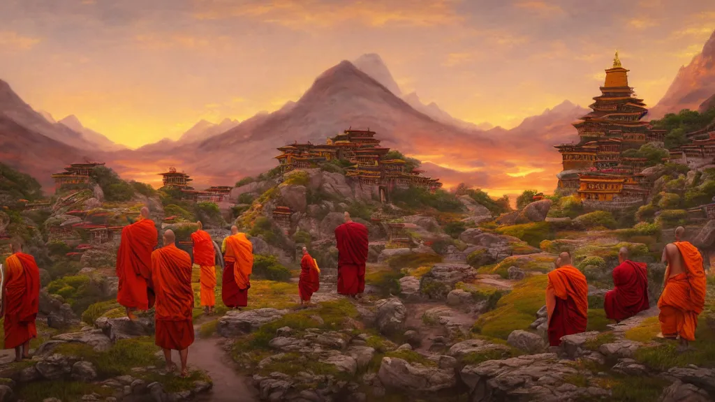 Prompt: a Tibetan monk monastery with monks meditating as a group with a sunset in the distance, some statues at the side, highly detailed oil painting, epic fantasy art, abstraction, masterpeice, 8k