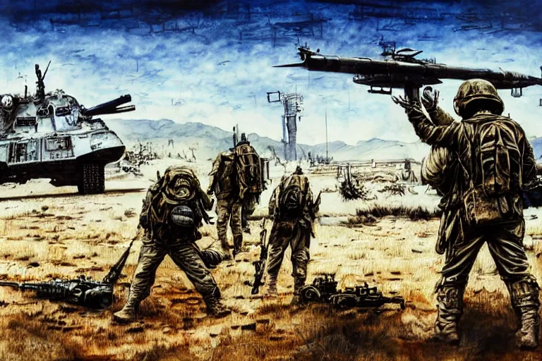 Image similar to war huh what is it good for, photoillustration ink drawing acrylic art digital illustration oil on canvas photorealistic polished sci - fi james gurney filmic stock photo landscape polished photorealistic