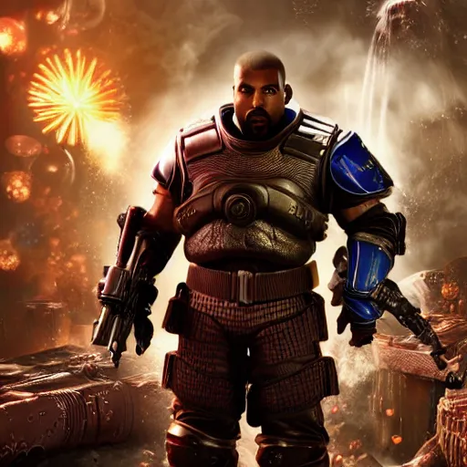 Image similar to Kanye West as willy wonka in gears of war, splash art, movie still, cinematic lighting, dramatic, octane render, long lens, shallow depth of field, bokeh, anamorphic lens flare, 8k, hyper detailed, 35mm film grain