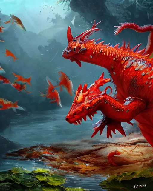 Image similar to game character beautiful giant huge kaiju sized pond dragon half fish half salamander, sea dragon, wet amphibious skin, red salamander, axolotl creature, koi pond, korean village by Ruan Jia and Gil Elvgren, fullbody