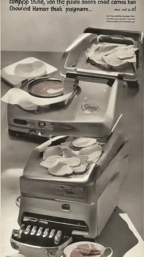 Image similar to 1 9 6 0 s food magazine photo of a computer made of ham, soft focus