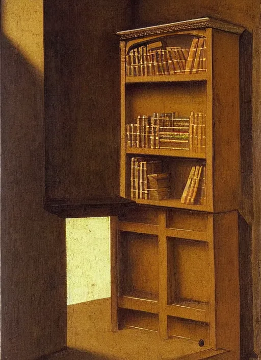 Prompt: bookshelf with books and children toys, medieval painting by jan van eyck, johannes vermeer, florence