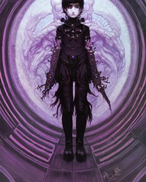 Image similar to portrait of beautiful cute young goth maiden girl with short white hairs in warhammer armor, art by ( ( ( kuvshinov ilya ) ) ) and wayne barlowe and gustav klimt and artgerm and wlop