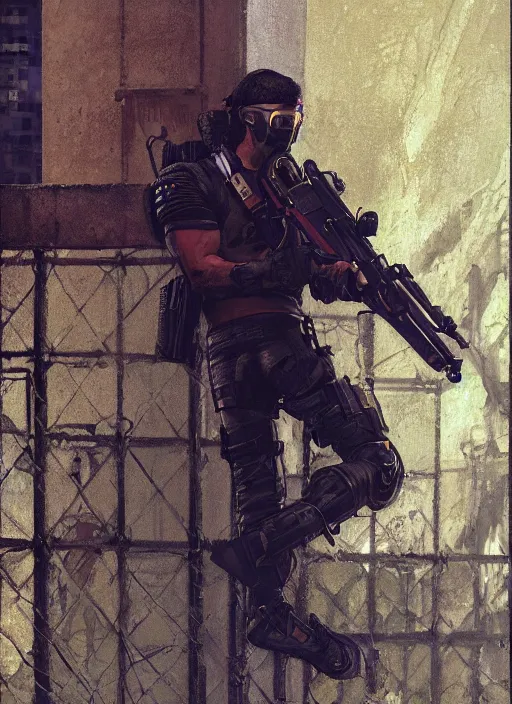 Prompt: Ezra. Cyberpunk mercenary in tactical gear climbing a security fence. rb6s, (Cyberpunk 2077), blade runner 2049, (matrix) Concept art by James Gurney, Craig Mullins and Alphonso Mucha. painting with Vivid color.