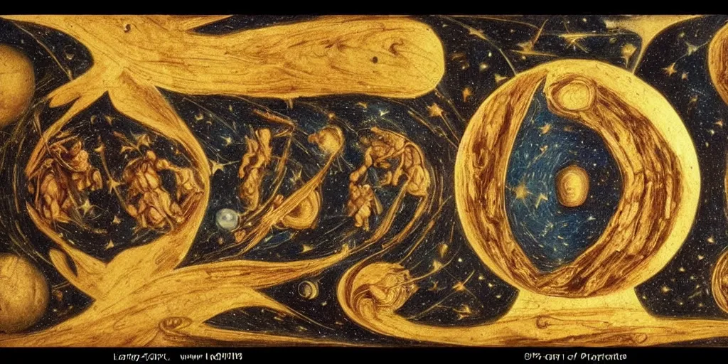 Image similar to the creation of the universe, planets and stars, in the style of leonardo da vinci