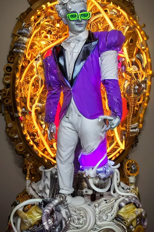 Image similar to full-body neon porcelain rococo futuristic style sculpture of a young handsome prince as a half-robot wearing retro shades, ruptured battery, leaking glowing neon radioactive liquid, electric sparks, glowing violet laser beam eyes, crown of giant diamonds, gold chain steampunk necklace, flowing purple satin, luminescent fabrics, mechanical roses. baroque and steampunk elements. full-length view. baroque element. intricate artwork by caravaggio. Trending on artstation, octane render, cinematic lighting from the right, hyper realism, octane render, 8k, depth of field, 3D