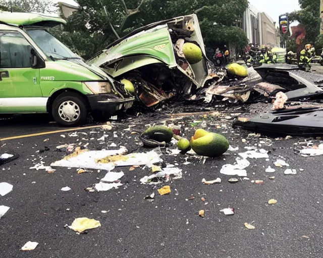 Prompt: photo of an avocado truck accident that overturned and spilled tons of avocados on the floor that people are picking up