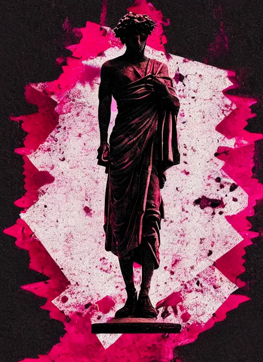 Prompt: black background with subtle red and purple design elements, greco roman statue, grey, nekro, collage art, thin lines, dark, glitch art, neo vaporwave, gritty, layout frame, trending on artstation