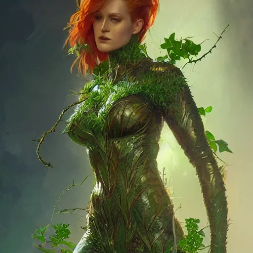 Image similar to full figure ultra realistic illustration, evan rachel wood as poison ivy wearing futuristic armor made of plants, highly detailed, digital painting, artstation, concept art, smooth, sharp focus, illustration, art by artgerm and greg rutkowski and alphonse mucha