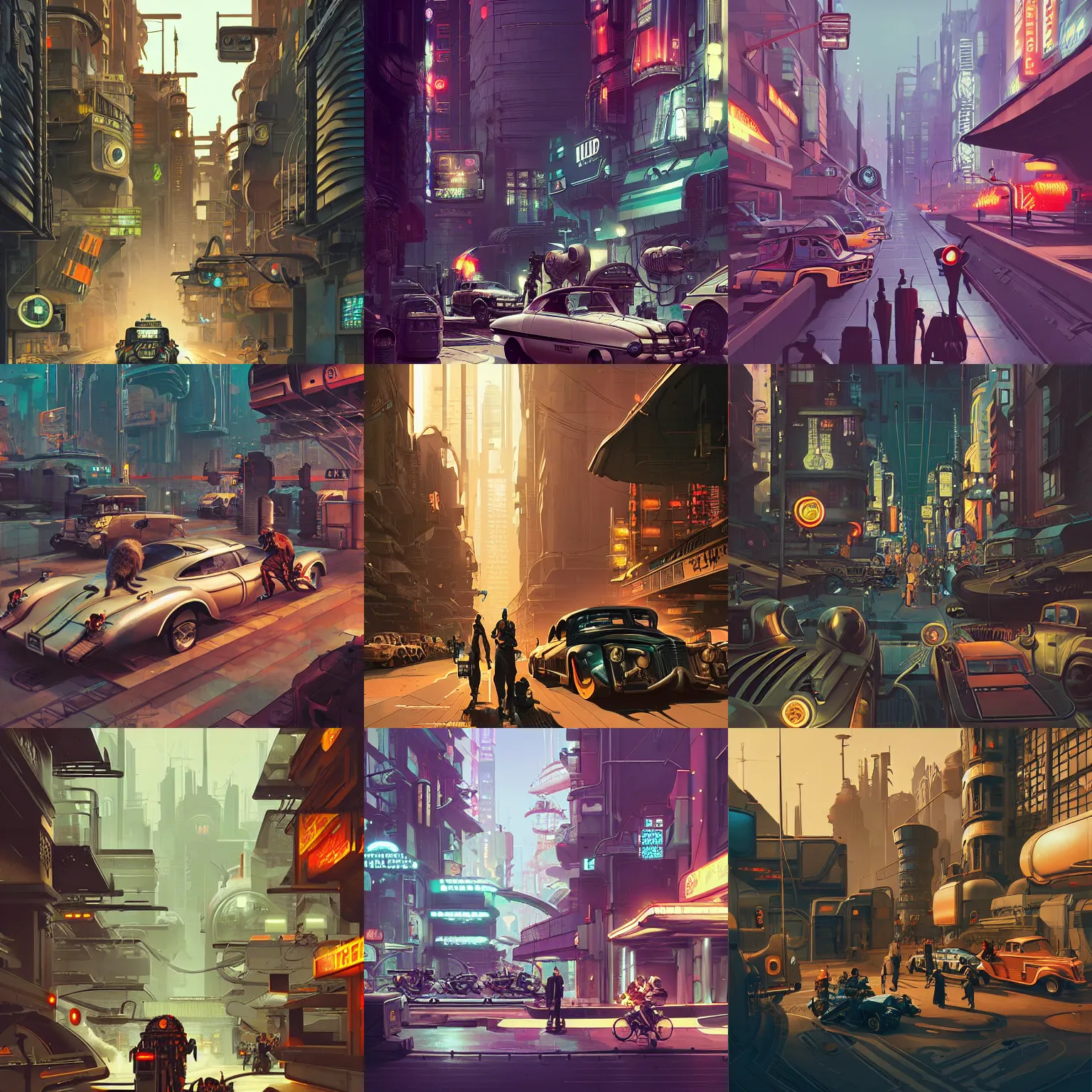 Prompt: retrofuturistic dieselpunk city street, a few cyborgs and some cats, detailed, intricate, realistic, octane rendered, art by syd mead, terada katsuya, atey ghailan