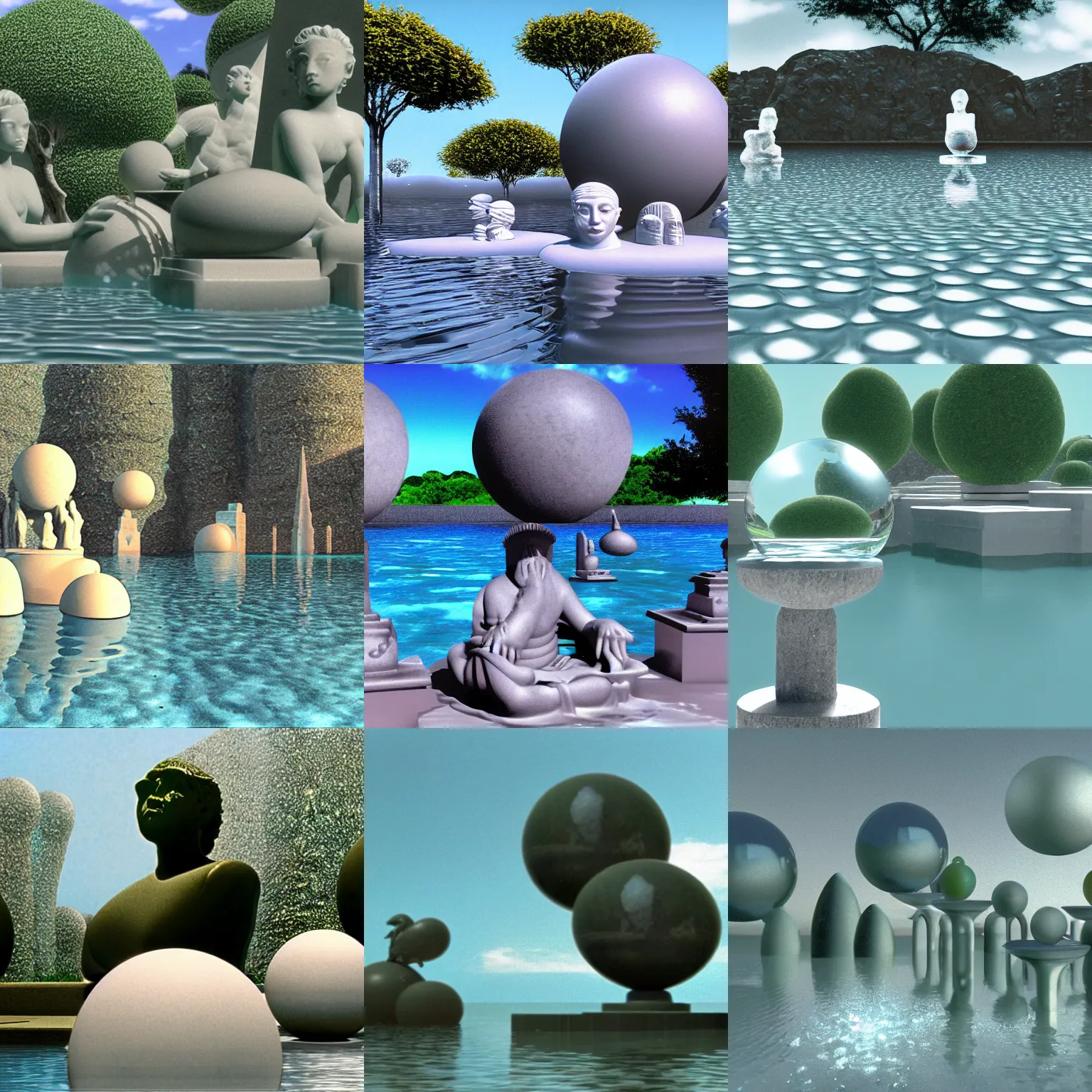 Prompt: still from a 1 9 8 3 3 d computer animation, floating spheres and shapes, statues, water, glass, marble, chrome, stone, faces, trees, dolphins, temples, clouds