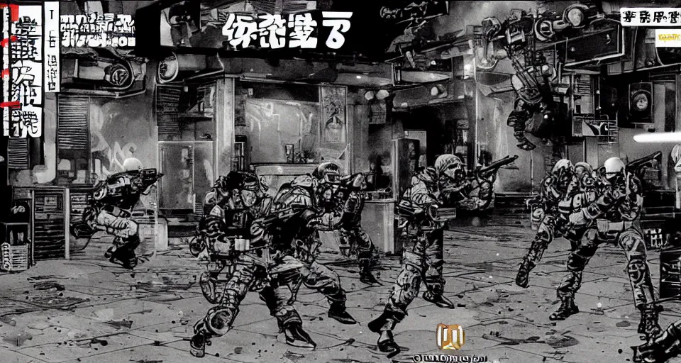 Image similar to 1979Video Game screenshot for Akira style Anime Neo-tokyo Cyborg bank robbers vs police, Set inside of the Bank, Open Bank Vault, Multiplayer set-piece Ambush, Tactical Squads :10, Police officers under heavy fire, Destructible Enviorments, Gunshots, Bullet Holes and Anime Blood Splatter, :10 Gas Grenades, Riot Shields, MP5, AK45, MP7, P90, Chaos, Anime Machine Gun Fire, Gunplay, Shootout, :14 FLCL + LA Machineguns, Cel Shaded:15, Created by Katsuhiro Otomo + Studio Gainax: 20