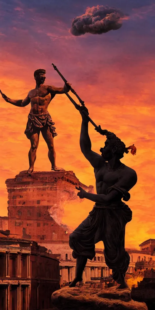 Image similar to black silhouette realistic painting of roman emperor playing the flute wearing popeye the sailor costume carving a larger than life statue of himself, hyper realistic, 8 k resolution, roman amphitheater and skyline of ancient rome is burning in the background, red skies, smoke billows over the horizon