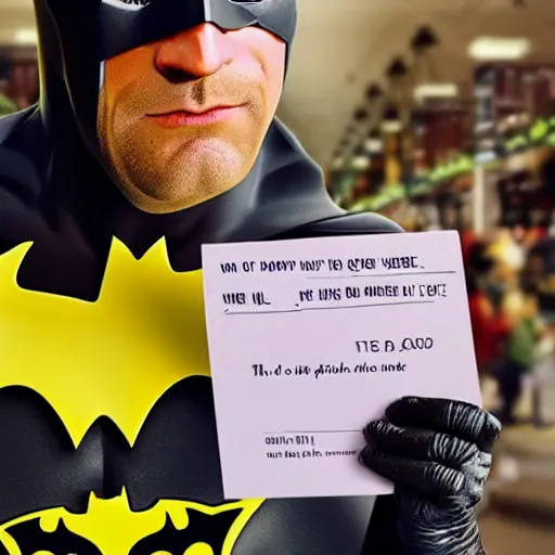 Prompt: Batman holds a coupon for new parents. He is sad because the coupon is expired