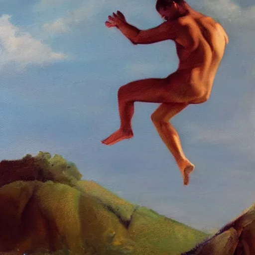 Prompt: Man falling from heaven. Oil painting.