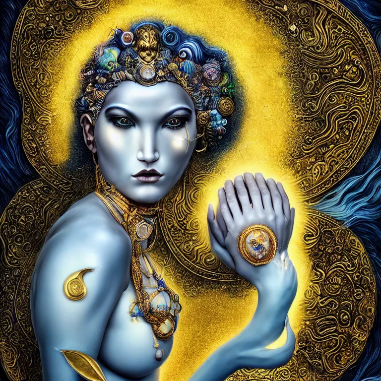 Prompt: female deity moon goddess coming out of high tide water, hyperrealism, eccentric, unreal, jamie jones, electrifying, golden ratio, hyper maximalist, elegant, ornate, luxury, elite, ominous