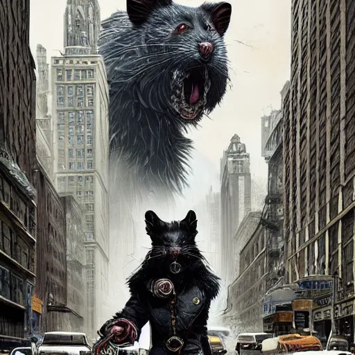 Image similar to Stunning Hyperealistic portrait of Giant Dishonored enormous furry rats roaming the city of new York.