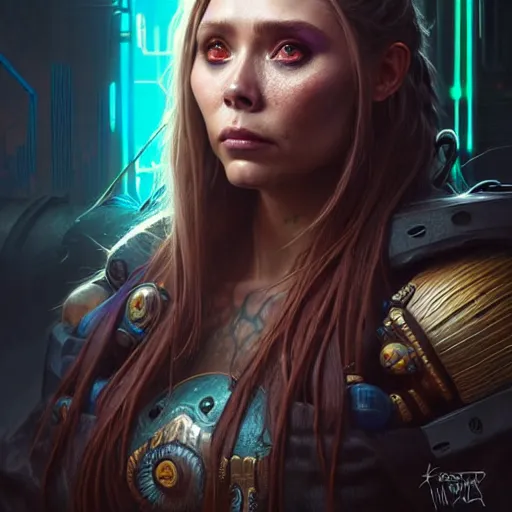 Prompt: portrait painting of a cyberpunk orc shaman extremely muscular ugly elizabeth olsen, ultra realistic, concept art, intricate details, eerie, highly detailed, photorealistic, octane render, 8 k, unreal engine. art by artgerm and greg rutkowski and charlie bowater and magali villeneuve and alphonse mucha