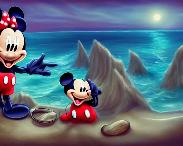 Prompt: Mickey mouse sitting next to terrifying sea creatures on a creepy beach, digital art, by Marta Dahlig, super detailed, artstation