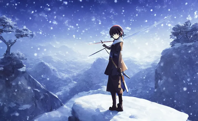 Prompt: An anime girl holding a sword, standing on a mountaintop in the snow, anime scenery by Makoto Shinkai, digital art