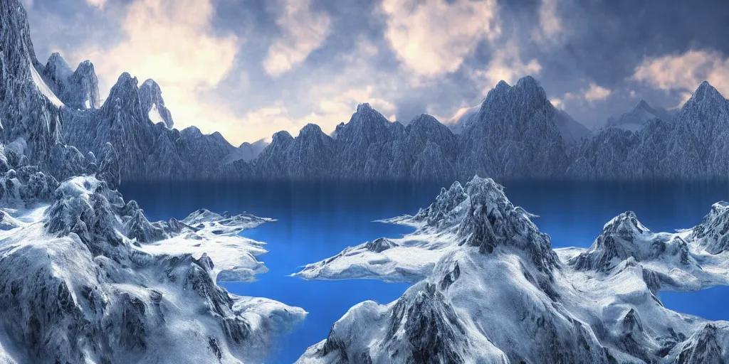 Prompt: a hyper realistic professional photographic view picture of a heavenly snow mountain with a dark blue lake in front of it, photographic filter unreal engine 5 realistic hyperdetailed 8k ultradetail cinematic concept art volumetric lighting, fantasy artwork, very beautiful scenery, very realistic painting effect, hd, hdr, cinematic 4k wallpaper, 8k, ultra detailed, high resolution, artstation trending on artstation in the style of Albert Dros glowing rich colors powerful imagery nasa footage drone footage drone photography