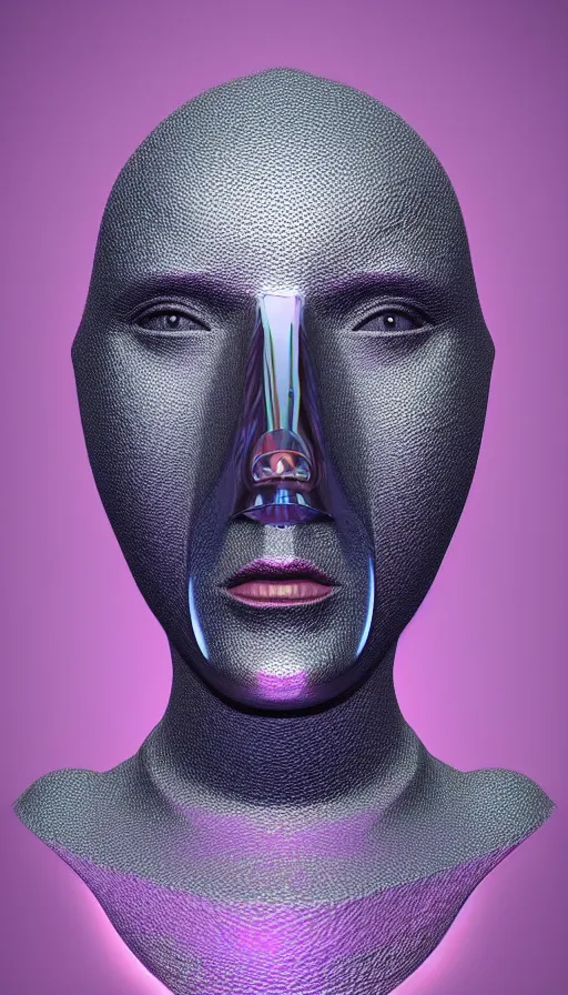 Image similar to a one woman with a futuristic mask on her face, a surrealist sculpture by alexander mcqueen, trending on pinterest, plasticien, biomorphic, made of plastic, a computer rendering by bedwyr williams, featured on zbrush central, holography, multiple exposure, glitch art, glitchy