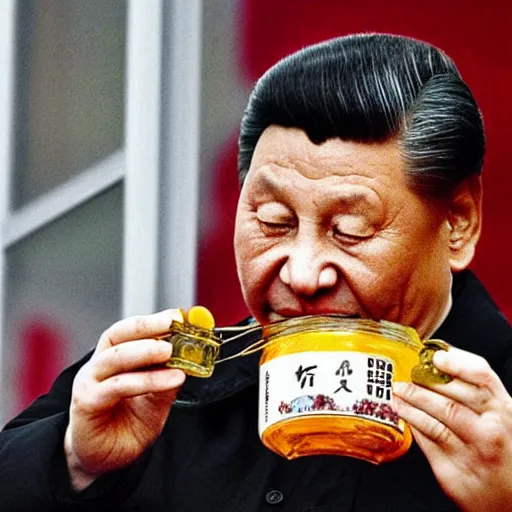 Image similar to Xi Jinping eating honey out of a jar with his hands.