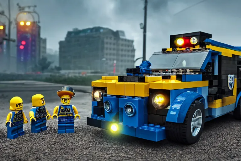 Image similar to a lego police car figure by simon stalenhag and robbert sammelin and eric persson, battlefield 4, 4 k, hd wallpaper, hdr, tonemapping, detailed, atmospheric, global illumination, majestical lighting, saturated, wet, ray tracing, anamorphic lens, chromatic aberration