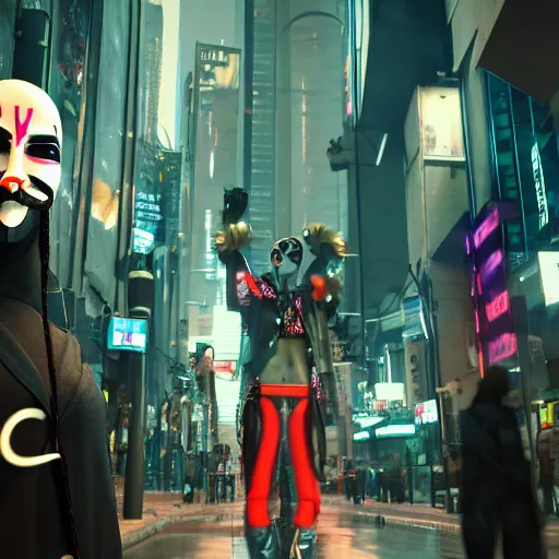 Image similar to anonymous guard with bling hair cyberpunk, crowd in front of building detailed, cinematic light, cinematic epic, unreal engine 4 k, 8 k, detailed, ultra realistic, anime