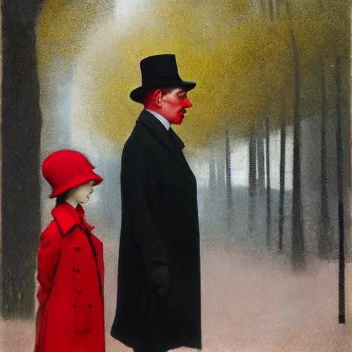 Image similar to a highly detailed epic cinematic concept art, a thin man in a black coat and bowler hat talks with small young girl who is dressed in a red coat and a red hat, Berlin park, autumn, 1923, in the style of in the style of Francis Bacon and Syd Mead and Norman Rockwell and Beksinski, painted by Francis Bacon and Edward Hopper, painted by James Gilleard, surrealism, airbrush, Ilya Kuvshinov, WLOP, Stanley Artgerm, very coherent, triadic color scheme, art by Takato Yamamoto and James Jean, high detail, width 768