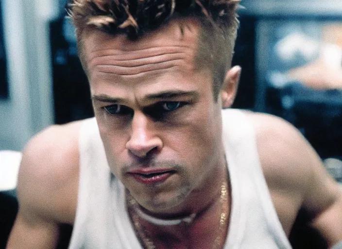 Prompt: film still of Brad Pitt as Robert Paulson in Fight Club