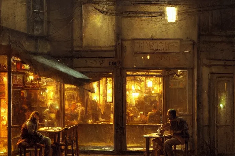 Prompt: Inside small cafe at night , moody scene, highly detailed, intricate, sharp details, dystopian mood, 1950 scene by gaston bussiere, craig mullins, somber lighting, drawn by Giacomo Burattini, inspired by graphic novel cover art, hyperrealistic, 8k by RHADS