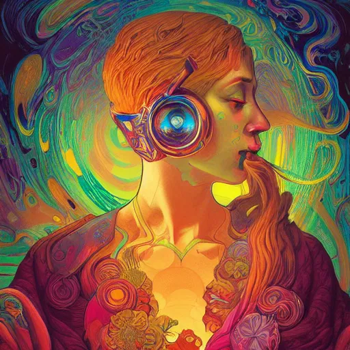 Image similar to An extremely psychedelic experience, colorful, surreal, dramatic lighting, cosmonaut, LSD, face, detailed, intricate, elegant, highly detailed, digital painting, artstation, concept art, smooth, sharp focus, illustration, art by Sam Spratt, Dan Mumford, Artem Demura and Alphonse Mucha