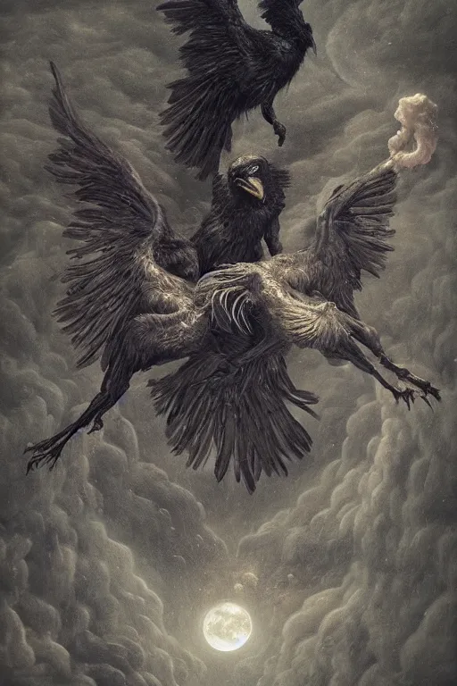 Prompt: Intricate stunning highly detailed surreal ravens by agostino arrivabene and Seb McKinnon, sculpture, ultra realistic, Horror vacui, full moon, thick swirling smoke tornado, fire embers, trending on artstation