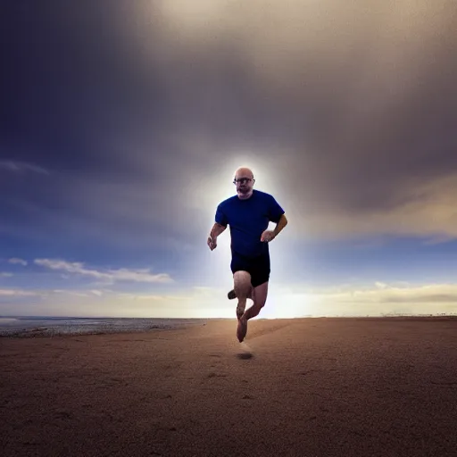 Prompt: Walter White running on the beach, artistic, 8k, cinematic, accurate, symetric, face, dramatic lighting, pastel colours, hdr