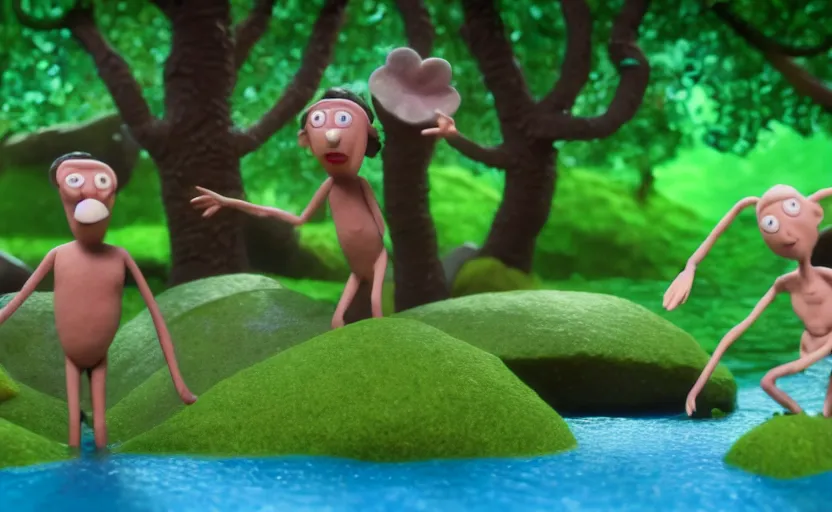 Prompt: Adam and Eve a still from a stop motion film, Aardman Animations, claymation, 4k, high quality