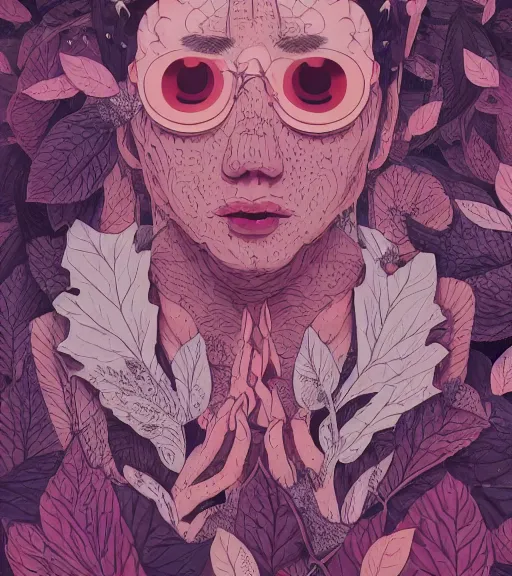 Prompt: portrait, nightmare anomalies, leaves by miyazaki, violet and pink and white palette, illustration, kenneth blom, mental alchemy, james jean, pablo amaringo, naudline pierre, contemporary art, hyper detailed