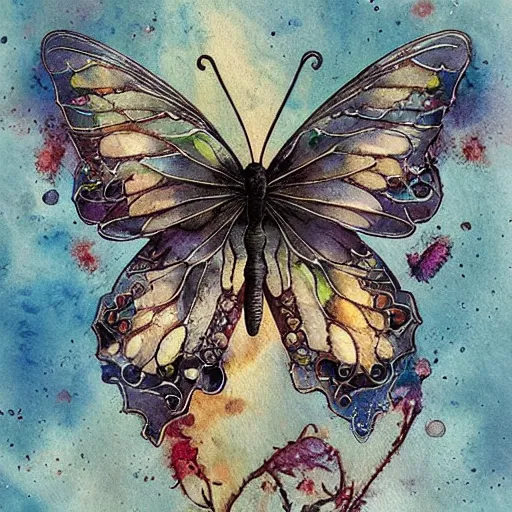 Prompt: butterfly in zeng hao and Art Nouveau designs and borders by Jean-Baptiste Monge, post processing, painterly, book illustration watercolor granular splatter dripping paper texture. Trending on artstation, post processing, pen and ink work. sharp focus