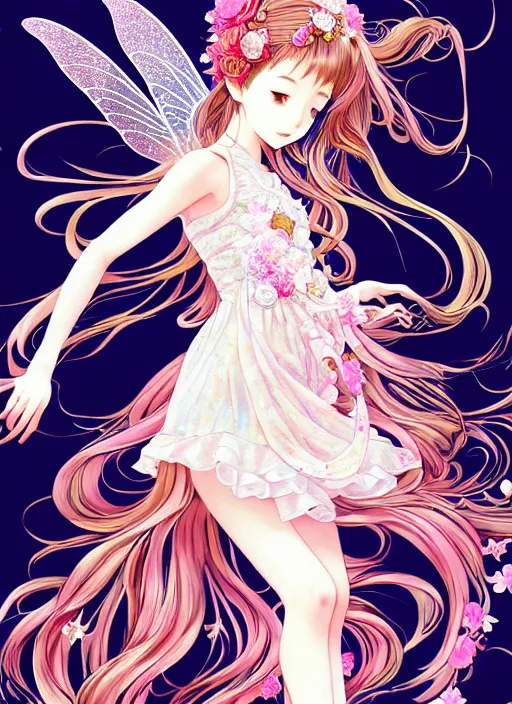 Image similar to exquisite imaginative manga poster of a fairy girl, long wavy hair, rococo dress, shimmering, by kojima ayami, shigenori soejima, minaba hideo,, jump comics, shogakukan, illustration, artstation, highly detailed, 8 k, fluorescent, maximalist