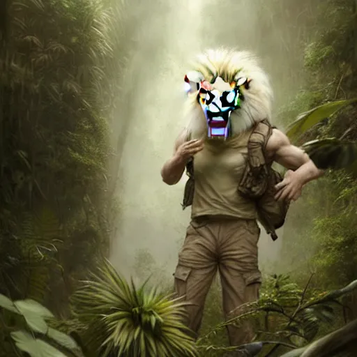 Image similar to commission portrait of a male anthro albino lion,wearing cargo pants and a boack t-shirt,going through a jungle cautiously.dramatic,character design by charles bowater,greg rutkowski,ross tran,hyperdetailed,hyperrealistic,4k,deviantart,artstation,professional photography,concept art