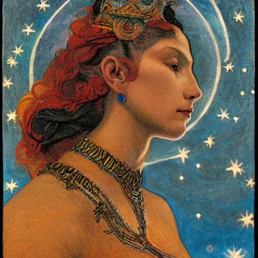 Image similar to queen of the moon with stars in her hair, by nicholas roerich and annie swynnerton and donato giancola and dulac, dramatic lighting, god rays, geometric tattoos, rich colors, smooth sharp focus, extremely detailed, leo and diane dillon, adolf wolfli