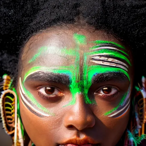 Prompt: minimalist photography portrait of an elaborately adorned female shaman warrior, face paint, symmetrical, super close up, mid thirties, cute round green slanted eyes, ebony skin, wide nostrils, chubby cheeks, high flat eyebrows, ethereal essence, angelic, leica 1 0 0 mm f 0. 8