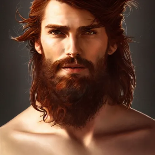 Image similar to portrait of a young ruggedly handsome but easygoing pirate, male, masculine, upper body, red hair, long hair, d & d, fantasy, intricate, elegant, highly detailed, digital painting, artstation, concept art, matte, sharp focus, illustration, art by artgerm and greg rutkowski and alphonse mucha