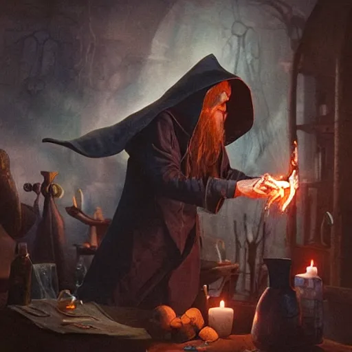 Image similar to a beautiful panting of a dark wizard casting spell, alchemist lab, hyperrealistic, cinematic atmosphere, epic