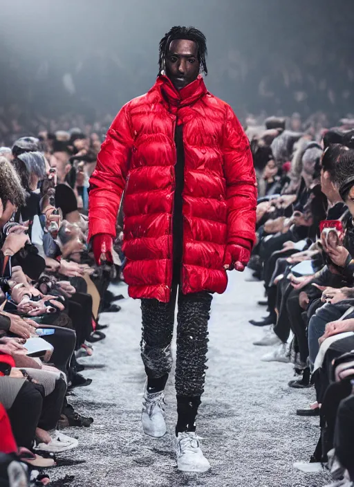 Image similar to hyperrealistic and heavy detailed moncler runway show of whole lotta red by playboi carti, leica sl 2 5 0 mm, vivid color, high quality, high textured, real life