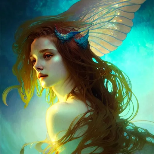 Prompt: Portrait of a girl mermaid with wings underwater surrounded by glowing light rays, face, fantasy, intricate, elegant, highly detailed, digital painting, artstation, concept art, smooth, sharp focus, illustration, art by Krenz Cushart and Artem Demura and alphonse mucha