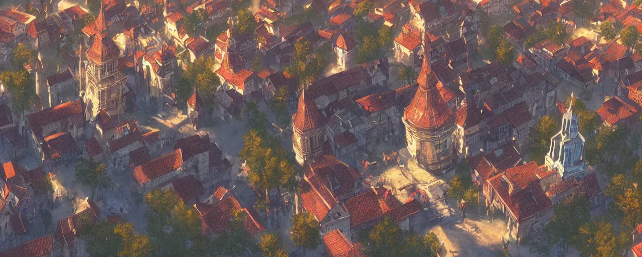 Prompt: aerial view of a city center. pc game. witcher 3 novigrad. village. detailed. church. city center. art by moebius and thomas kinkade and greg rutkowski.