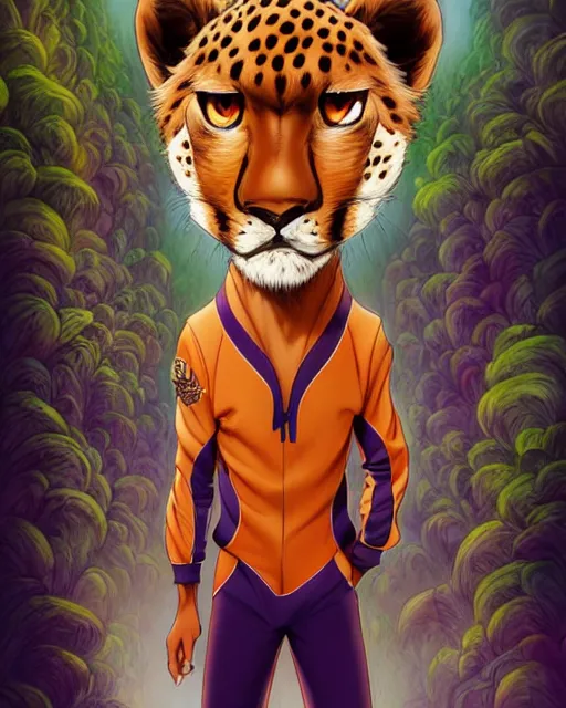 Image similar to don bluth, loish, artgerm, joshua middleton, anthropomorphic cheetah, wearing a track suit, smiling, symmetrical eyes symmetrical face, colorful animation forest background